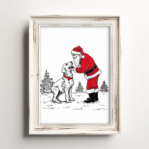 Santa Claus Petting Golden Retriever in Snow Sketch Christmas Poster