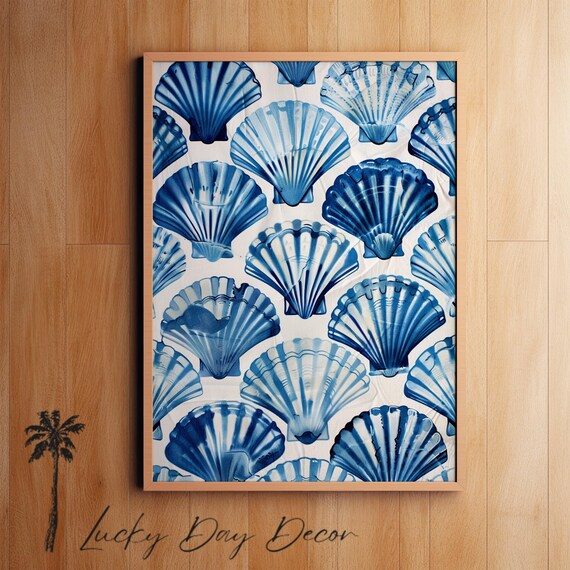 Blue Watercolor Scallop Shells Pattern Print For Coastal Nautical Decor