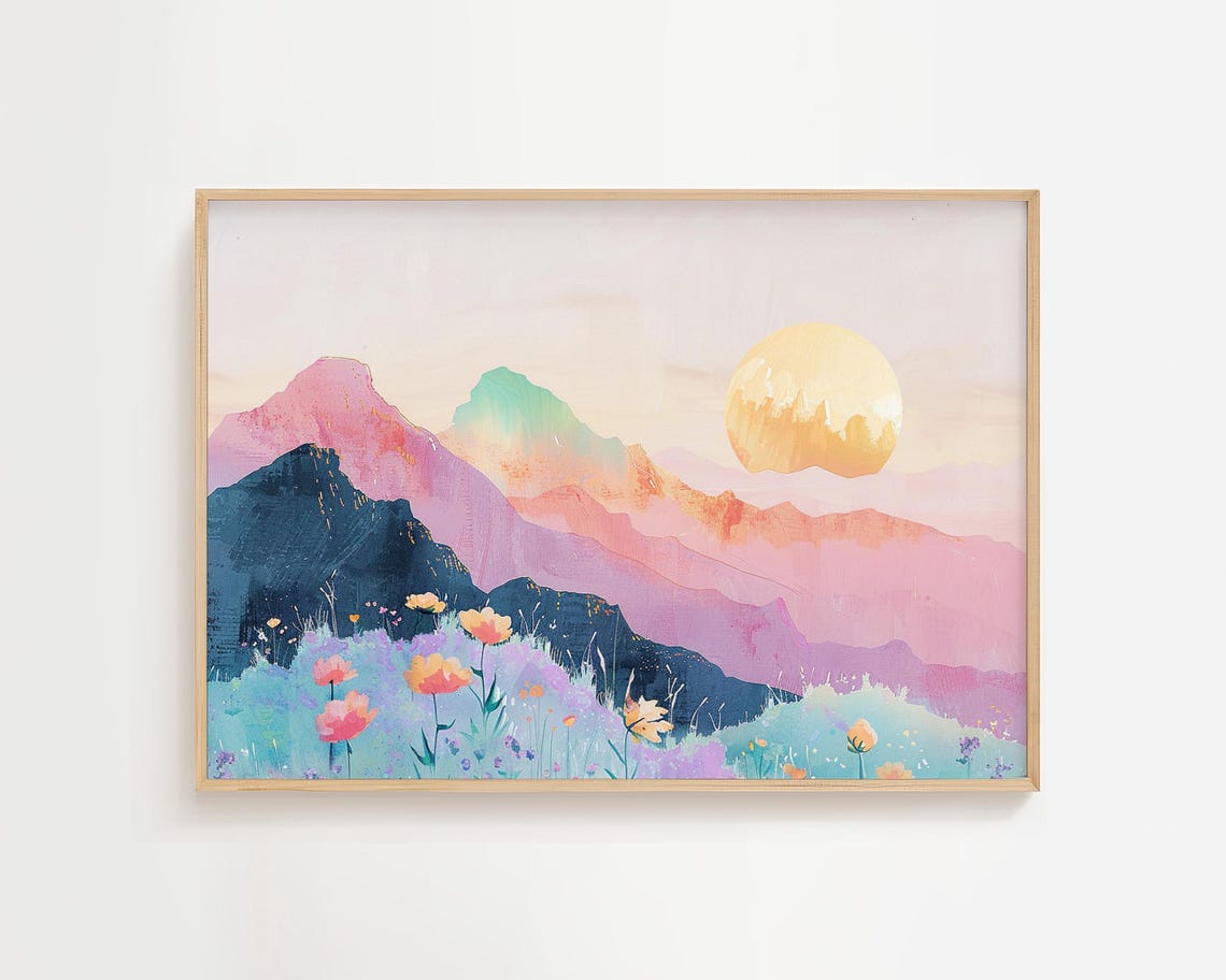 Dreamy Pastel Full Moon Mountains Wildflowers Colorful Art Poster