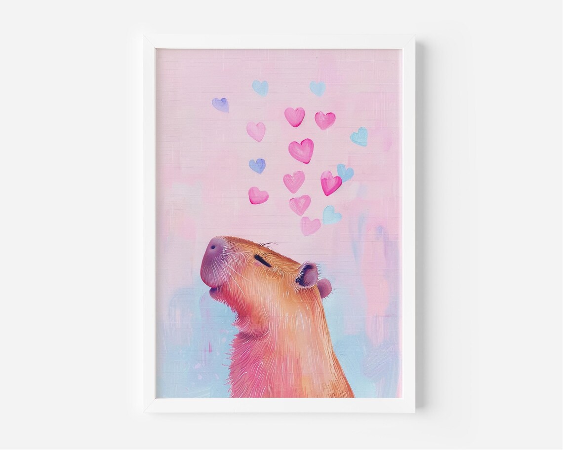 Capybara In Love, Whimsical Pastel Portrait Art Print
