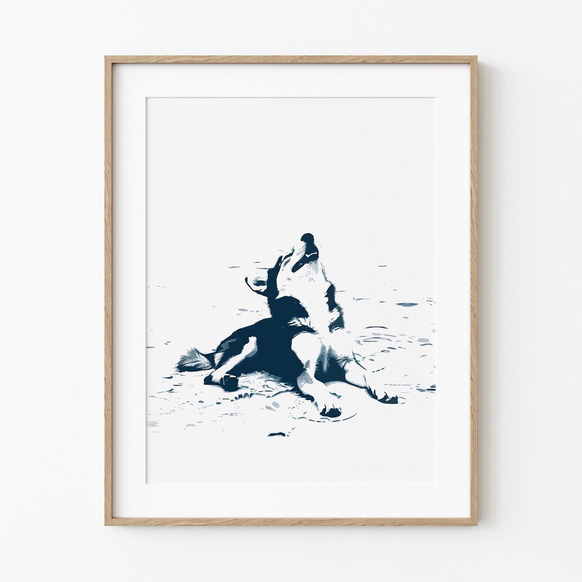 Happy Husky Resting On The Beach Navy Monochrome Coastal Dog Art Poster