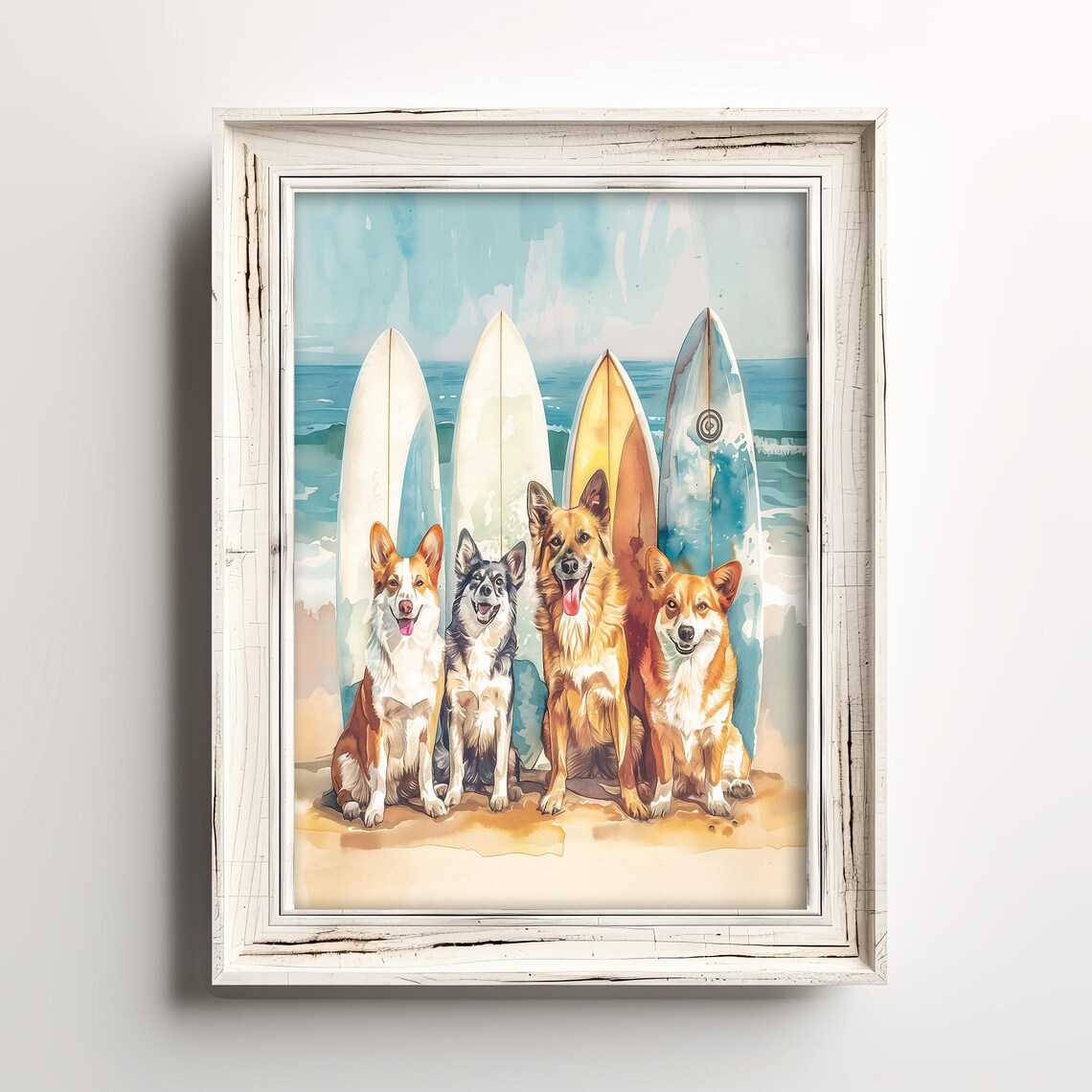 Surfing Doggos Pose, Whimsical Coastal Watercolor Art Print