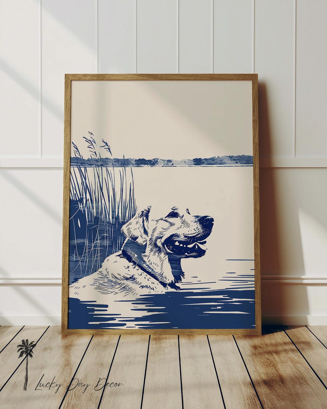 Happy Labrador Swimming In Lake Among Reeds Navy Blue Poster