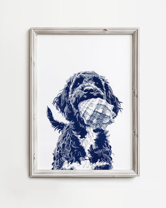 Doodle Finds Seashell Delightful Coastal Dog Art Happy Beach Lake Cottage Water Decor Minimalist Blue Sketch Print