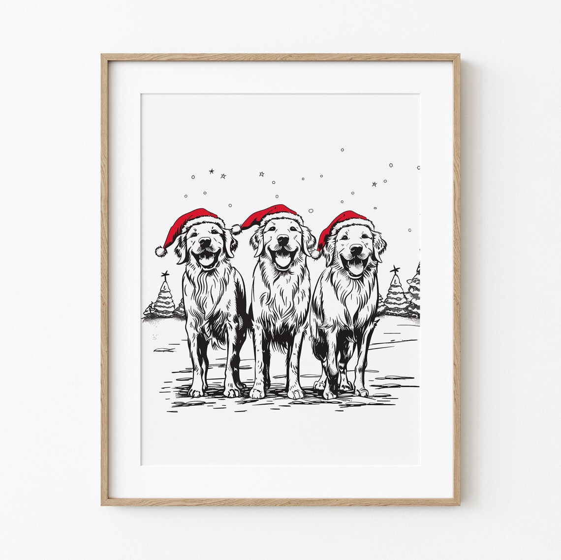 Christmas Golden Retrievers, Whimsical Holiday Art Print