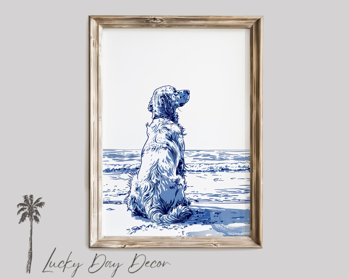 Spaniel Dog Sitting on the Beach Blue Ink Ocean Sketch Poster