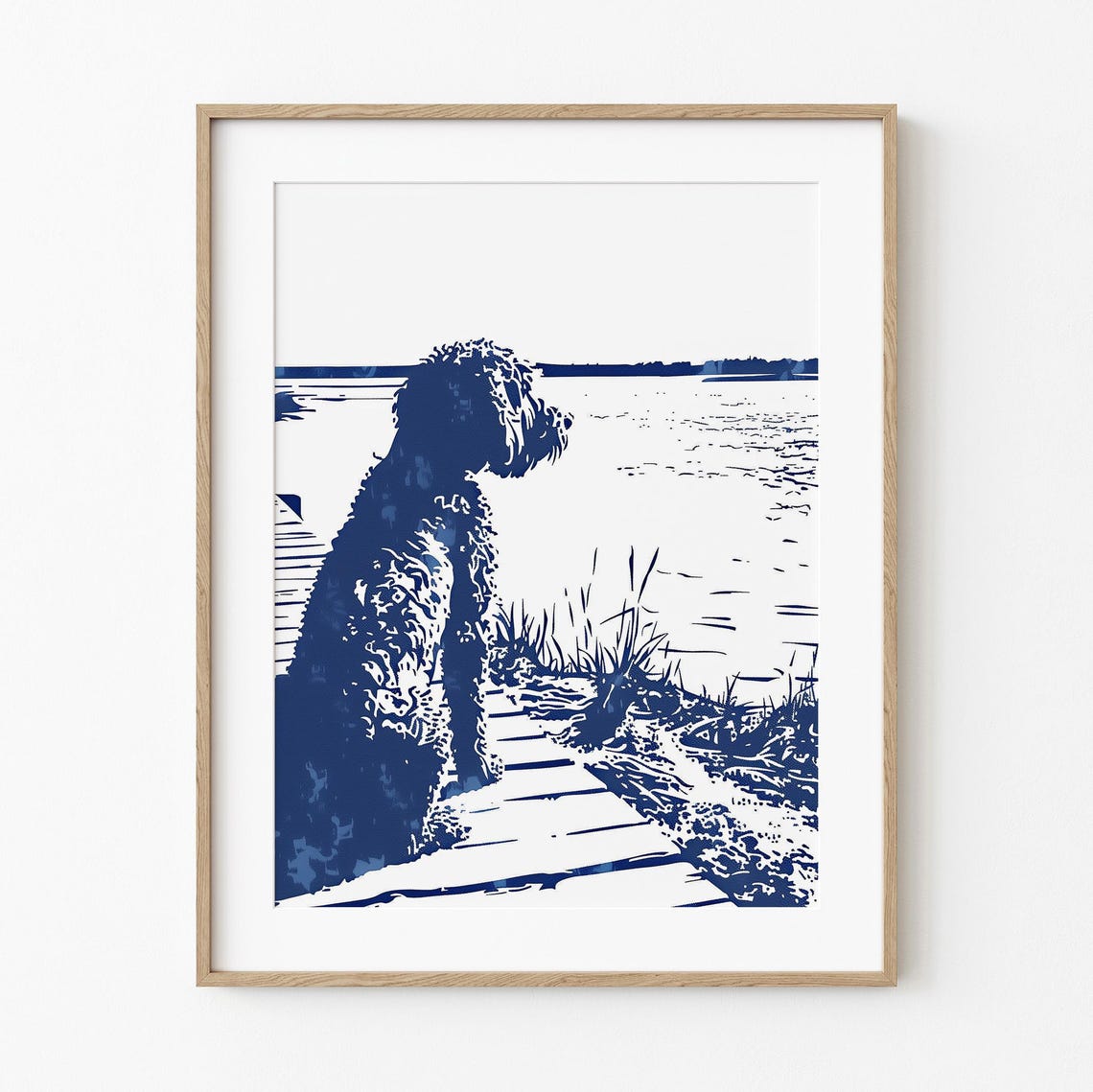 Fluffy Dog Watching Sunset From Wooden Dock Navy Silhouette Poster