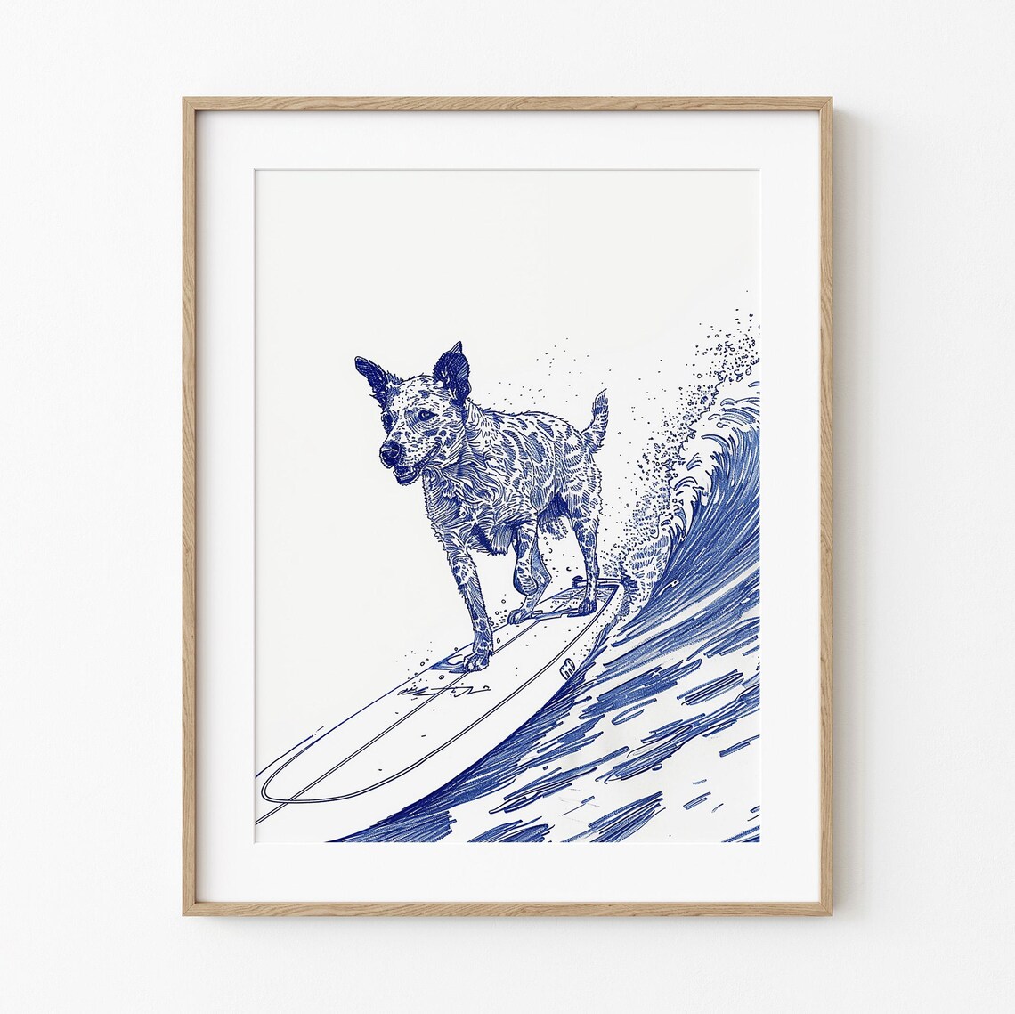 Surfing Blue Heeler Dog Surfer Coastal Sketch Print