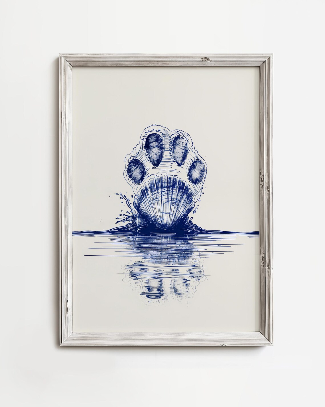Dog Paw Seashell Coastal Art Print, Minimalist Blue Sketch