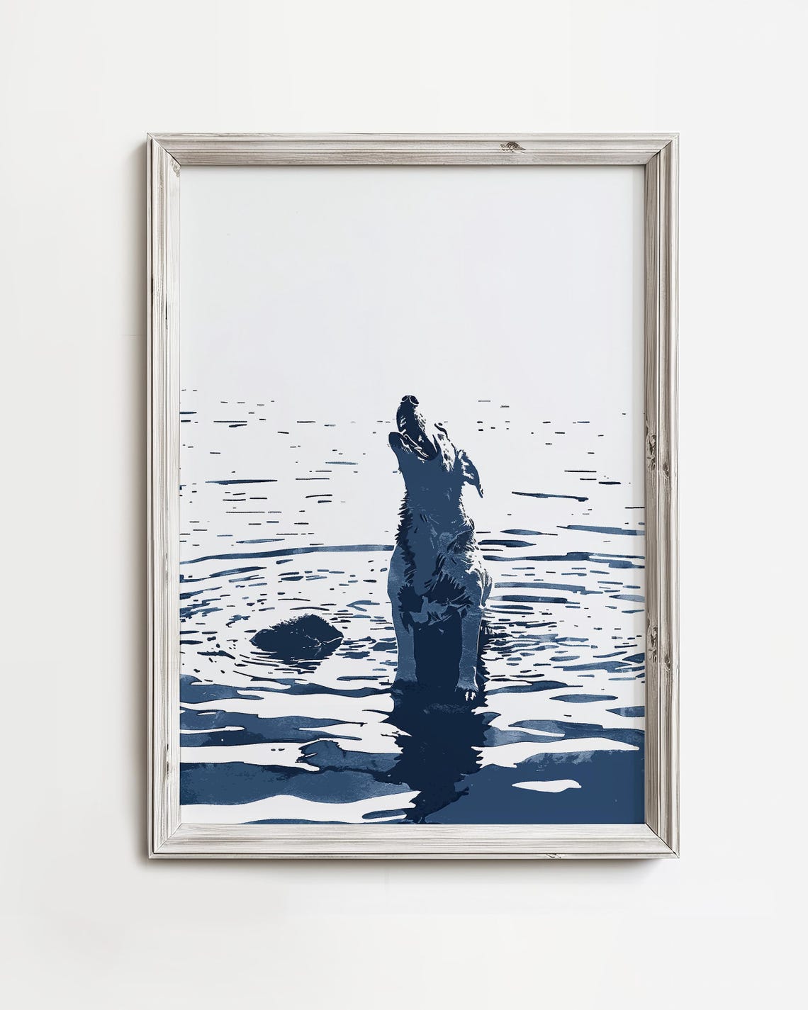 Happy Dog Soaking in Water Blue Ink Summer Beach Sketch Poster
