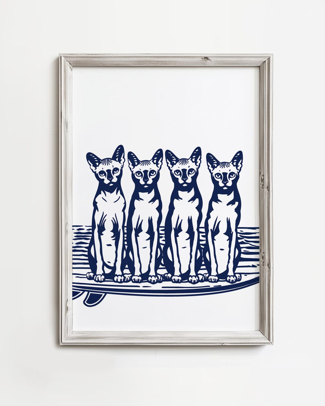 Four Sphynx Cats Surfboard Navy Line Fun Whimsical Art Poster