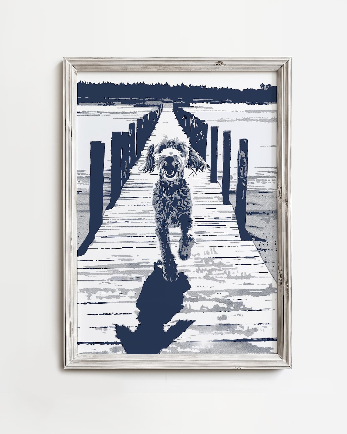 Doodle Dog Running Down Wooden Pier Navy Monochrome Happy Dog Life Poster