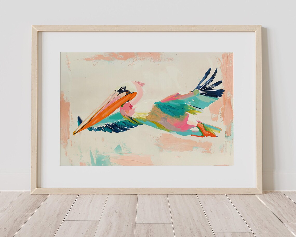 Pelican Fly Over Pastel Coastal Ocean Animal Art Print