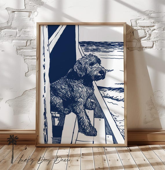 Happy Beach Doodle Enjoying View Vintage Coastal Home Print Nursery Family Bed Bathoom Wall Art Adorable Fun Dog Lover Navy Blue Sketch