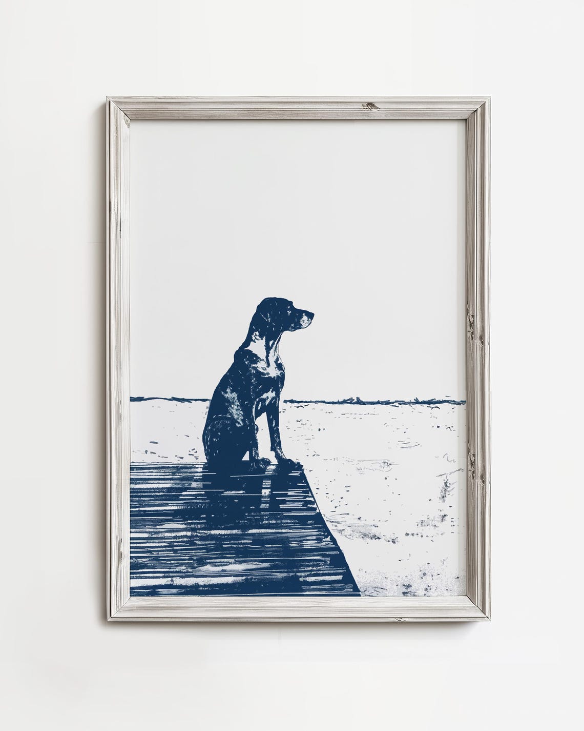 Dog Sitting On Dock Watching Waves Navy Blue Sketch Art Poster