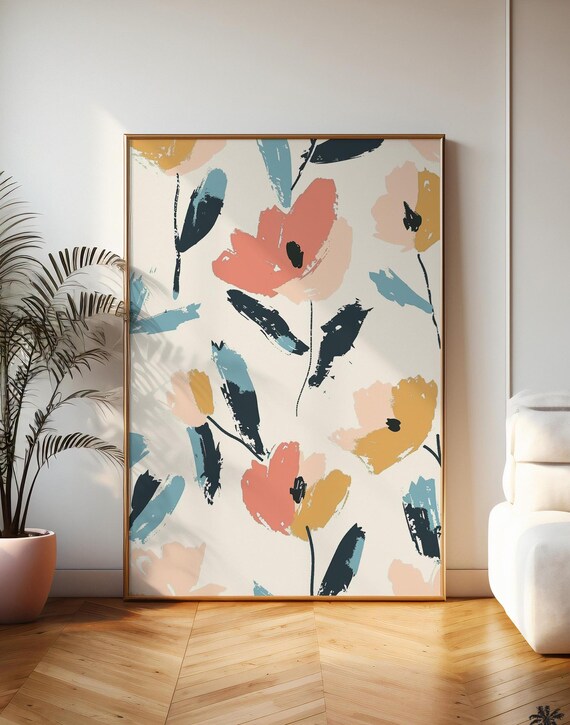 Abstract Floral Art Print With Coral Mustard And Navy Brushstroke Flowers