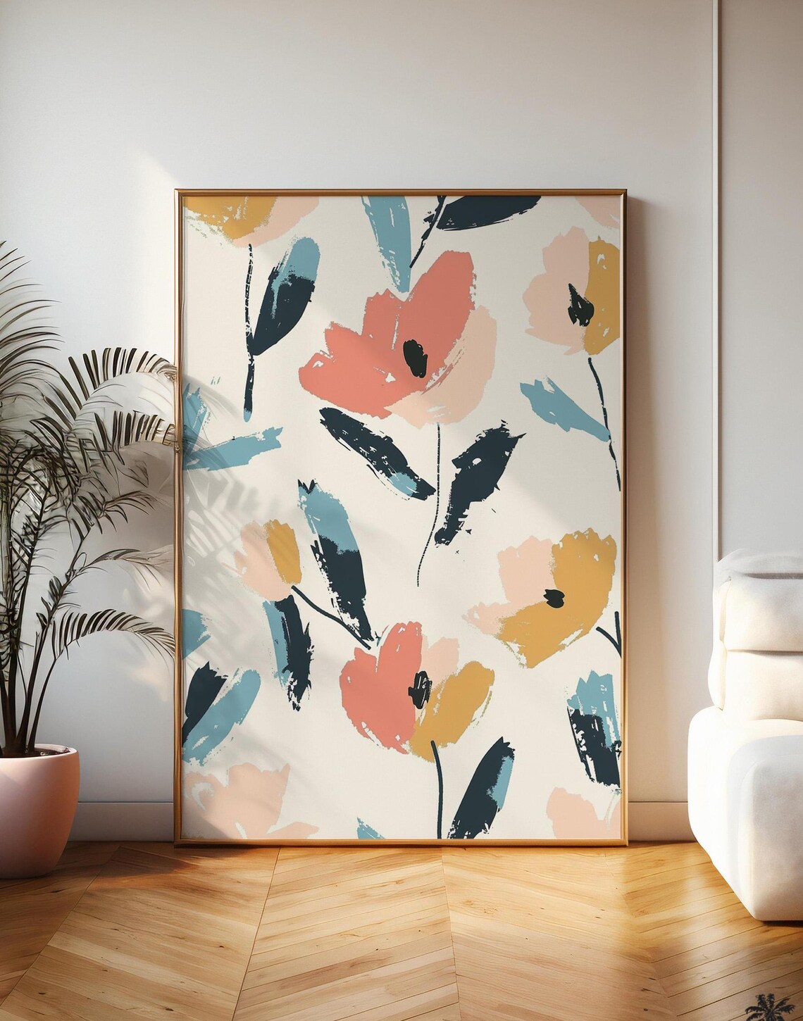 Abstract Floral Art Print With Coral Mustard And Navy Brushstroke Flowers