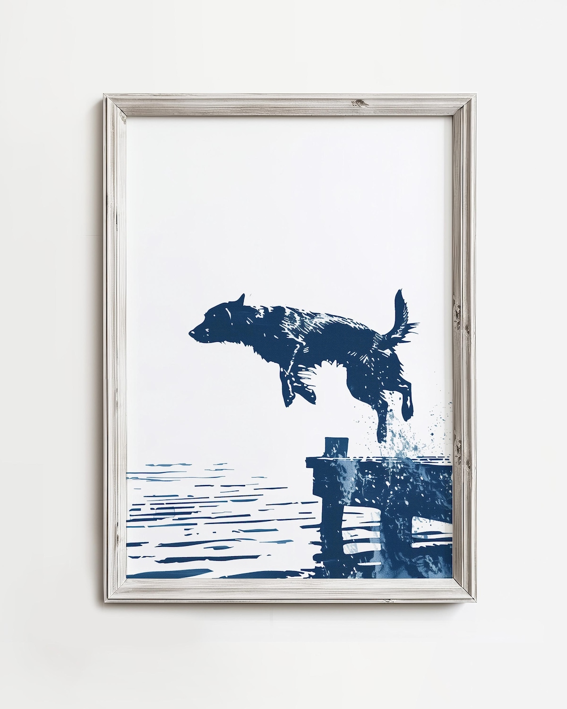 Navy Ink Dog Leaping off Wooden Dock into Lake Water Animal Art Print