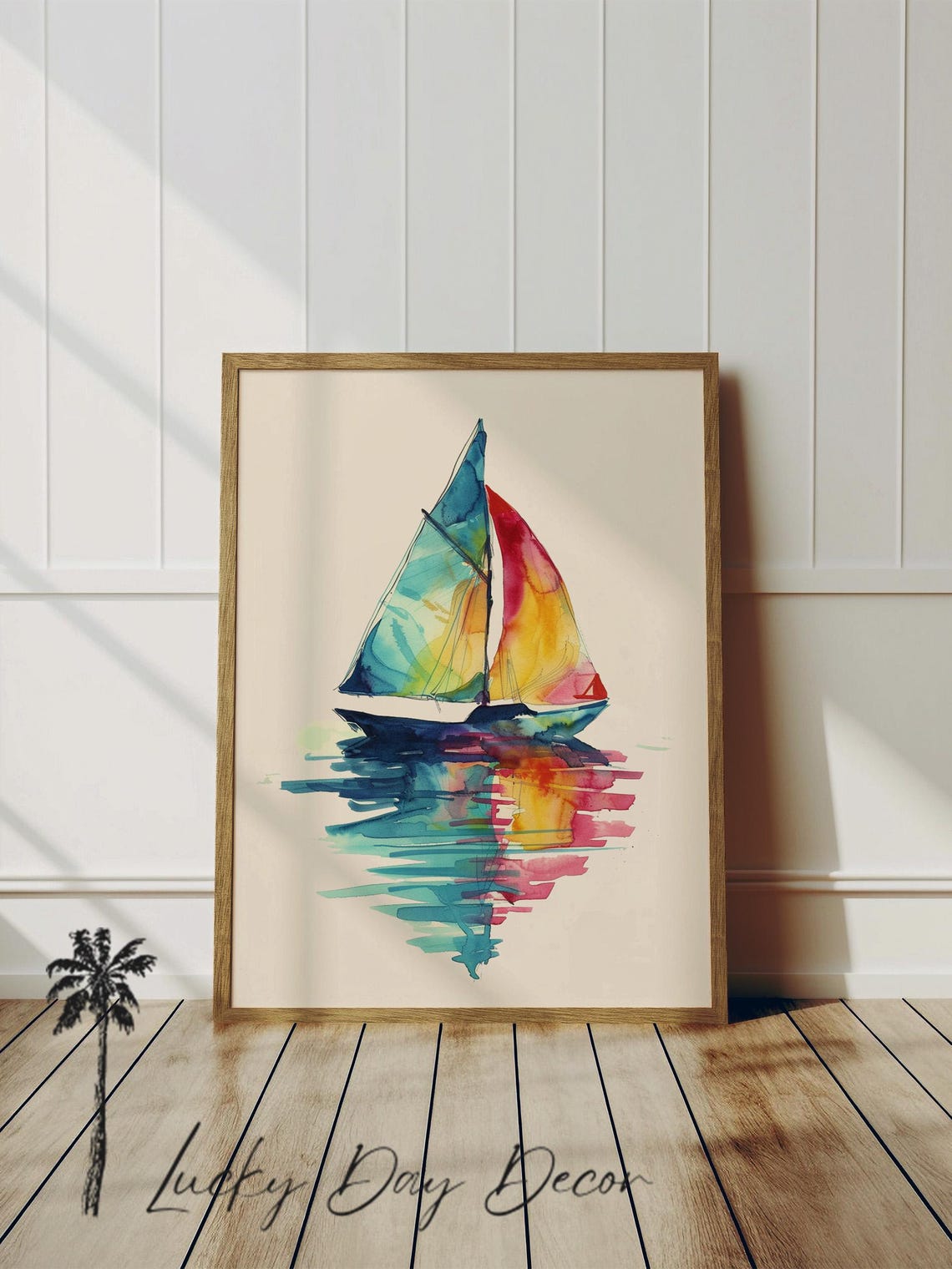 Colorful Watercolor Sailboat With Rainbow Sails Nautical Art Print