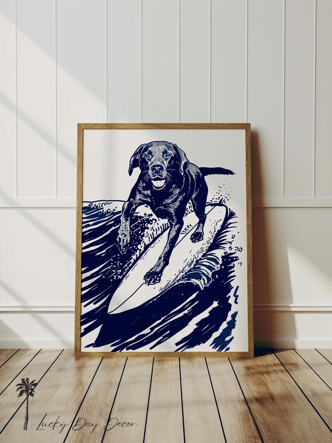 Labrador Surfing Wave Beach Dogs Sketch Art Print