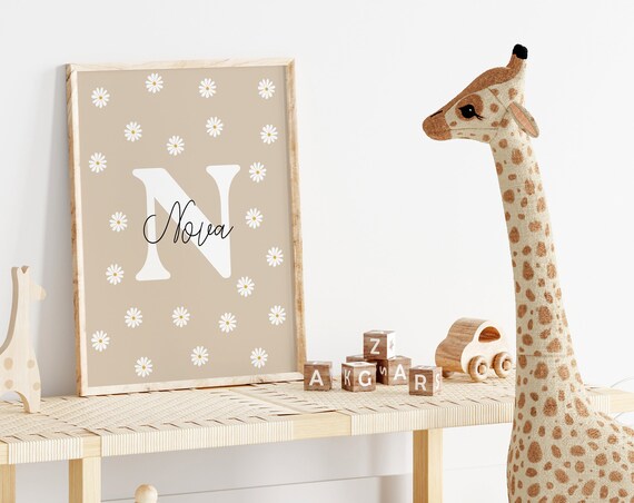 Nova Letter N Daisy Floral Nursery Personalized Name Beige Poster