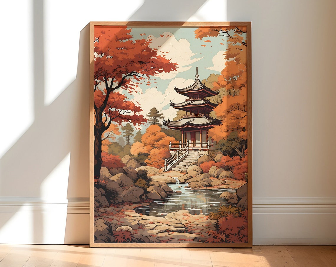 Japanese Pagoda Autumn Maple Trees Temple Landscape Wall Poster