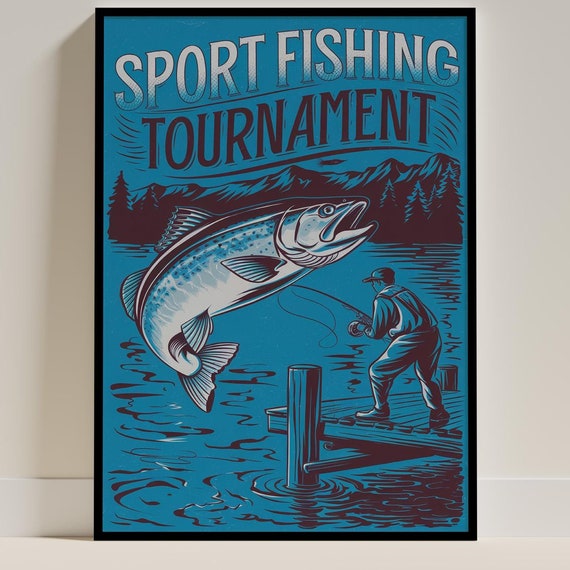 Fisherman Vintage Fishing Illustration, Lake House Decor