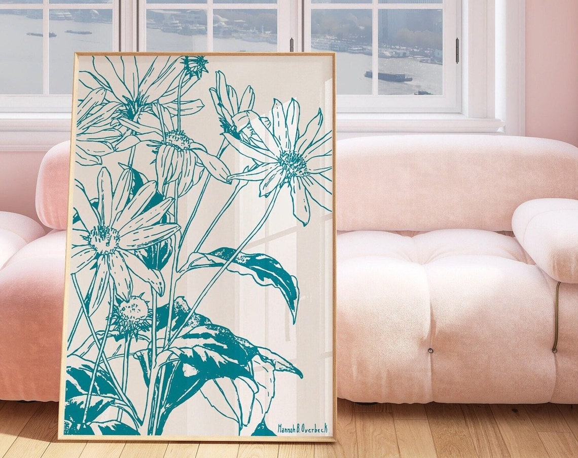Teal Wildflower Line Art Botanical Illustration White Art Poster - Image 3