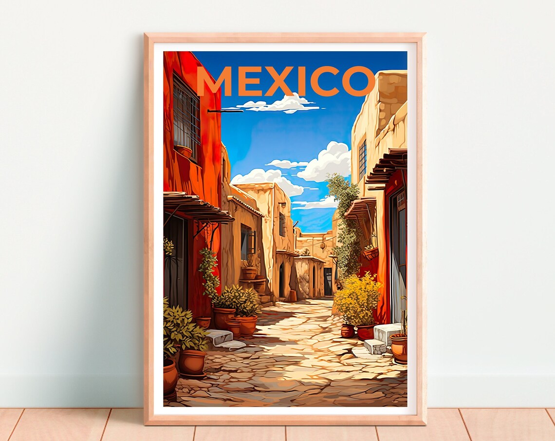 Mexico Pueblo Cobblestone Street Colorful Adobe Old Town Travel Poster - Image 4