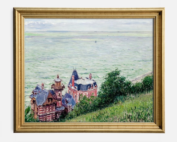 Pink Villas On Cliff Above Sea Vintage Coastal Painting Poster