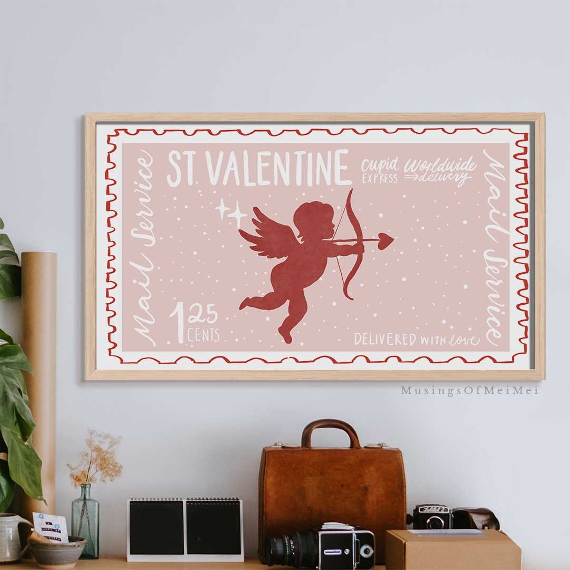 St Valentine Cupid Worldwide Express Mail Pink Stamp Vintage Poster - Image 3
