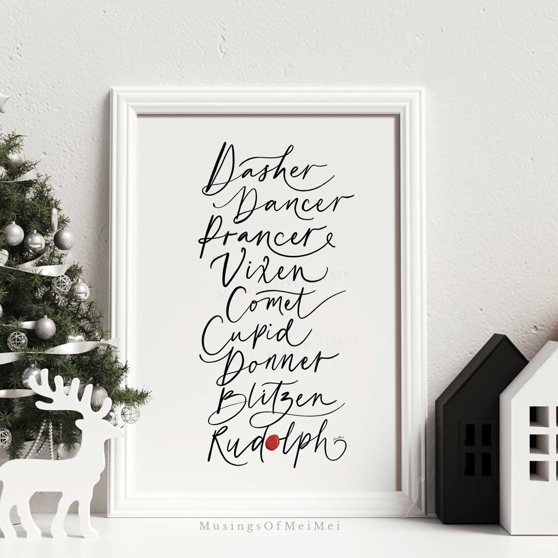 Santa Reindeer Names Black Calligraphy White Christmas Poster - Image 4