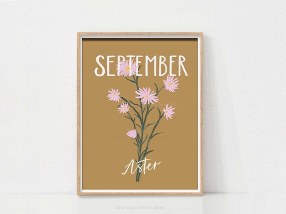 September Birth Flower Aster Botanical Floral Ochre Gift Wall Art