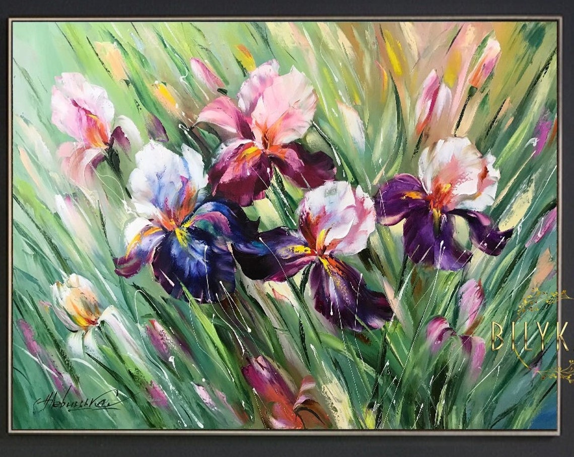Purple Pink Iris Flowers Green Garden Blooms Impressionist Art Poster - Image 3