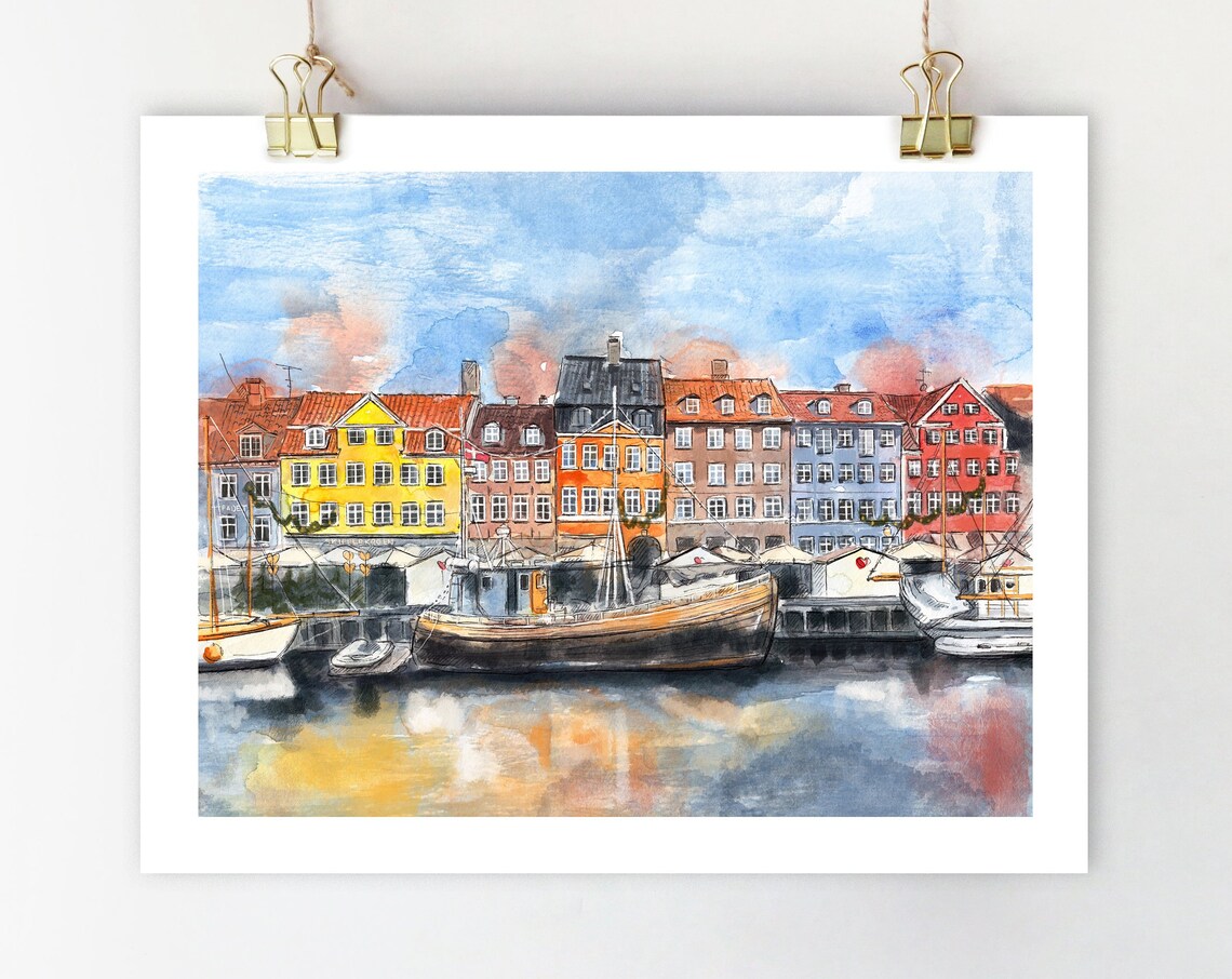 Copenhagen Watercolor Travel Poster Print, Denmark