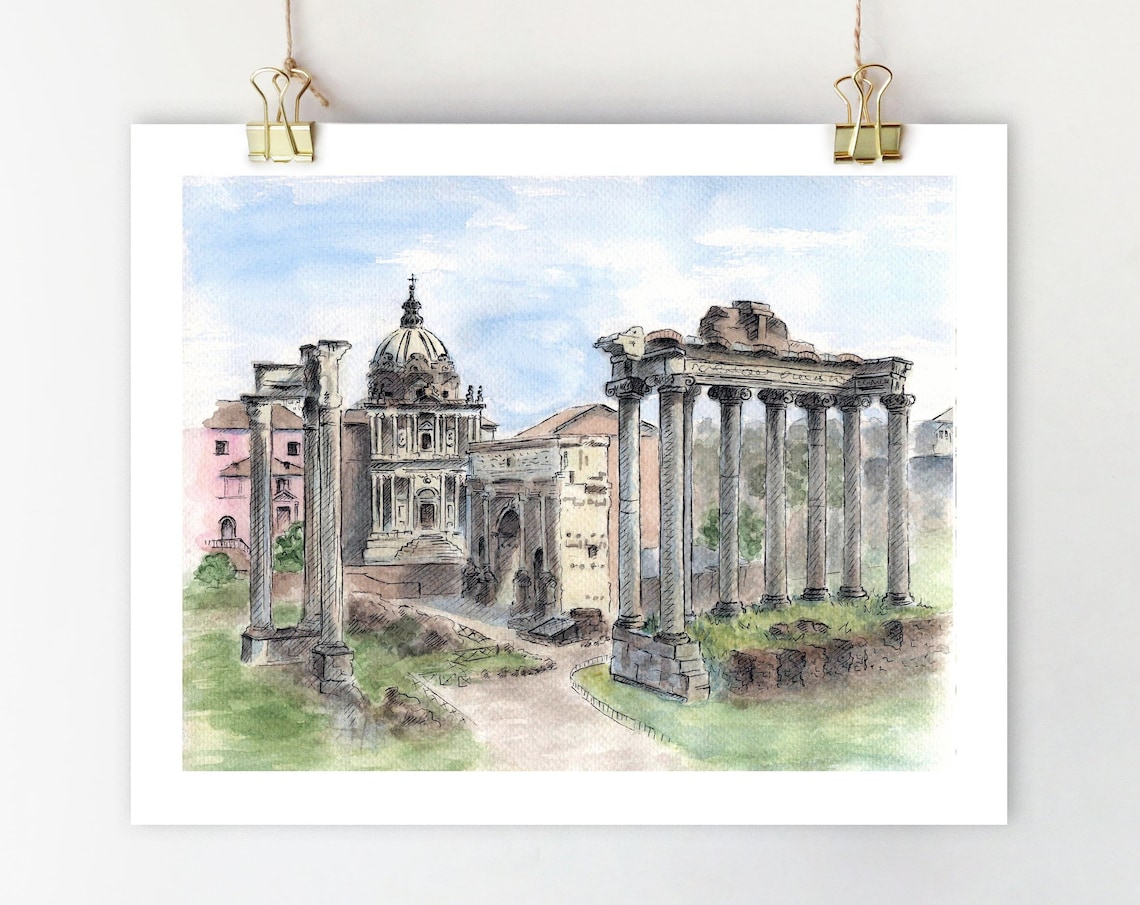 Roman Forum Watercolor Print, Rome Architecture Sketch