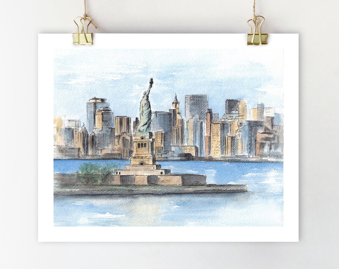 Statue Of Liberty Watercolor Print, NYC Skyline