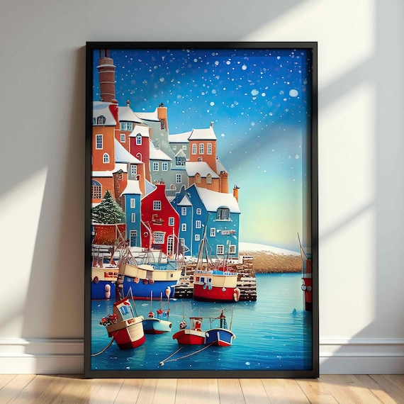 Snowy Hilltop Harbor Town Church Tower Red Boats Winter Poster
