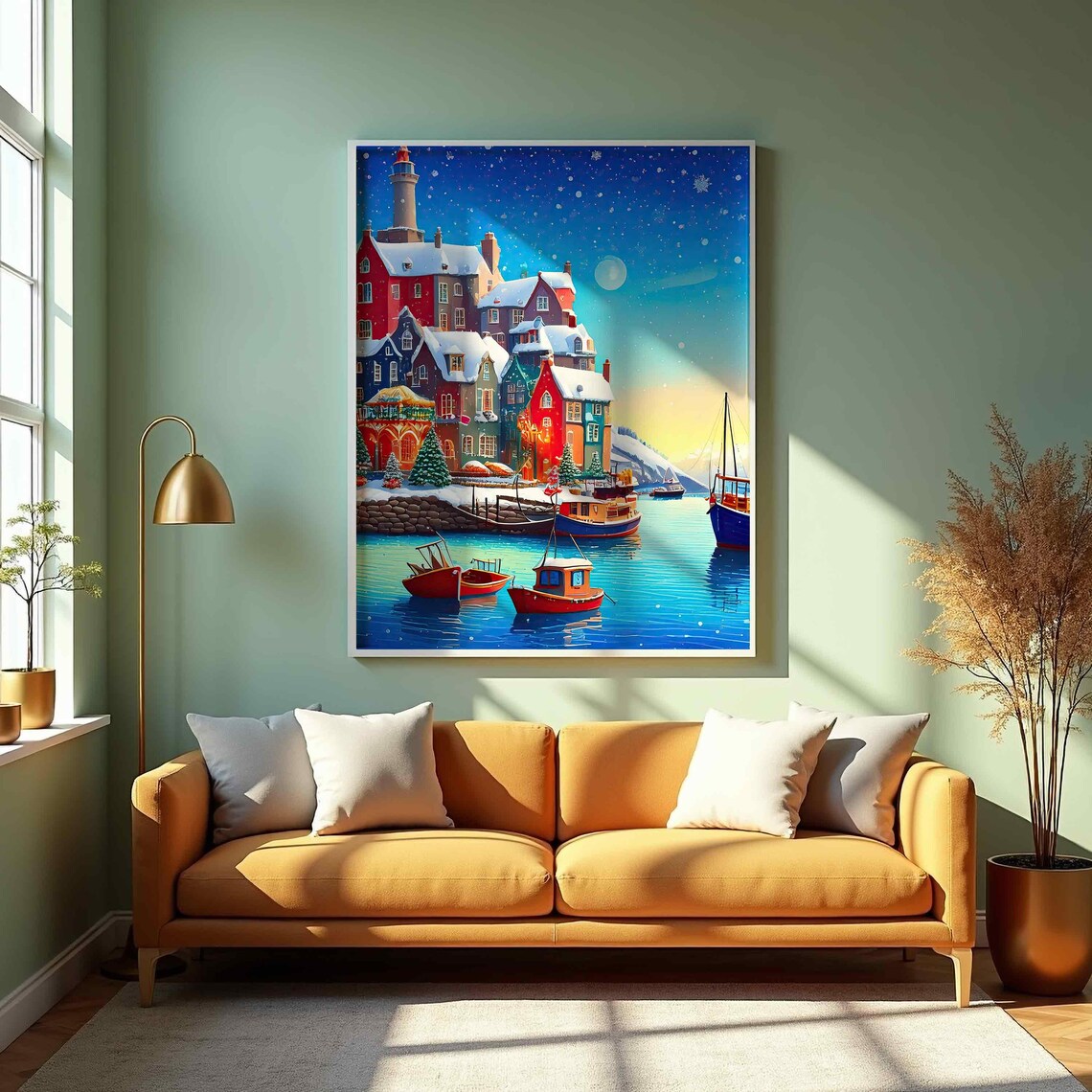Festive Christmas Coastal Harbor Night Snowy Boats Holiday Poster