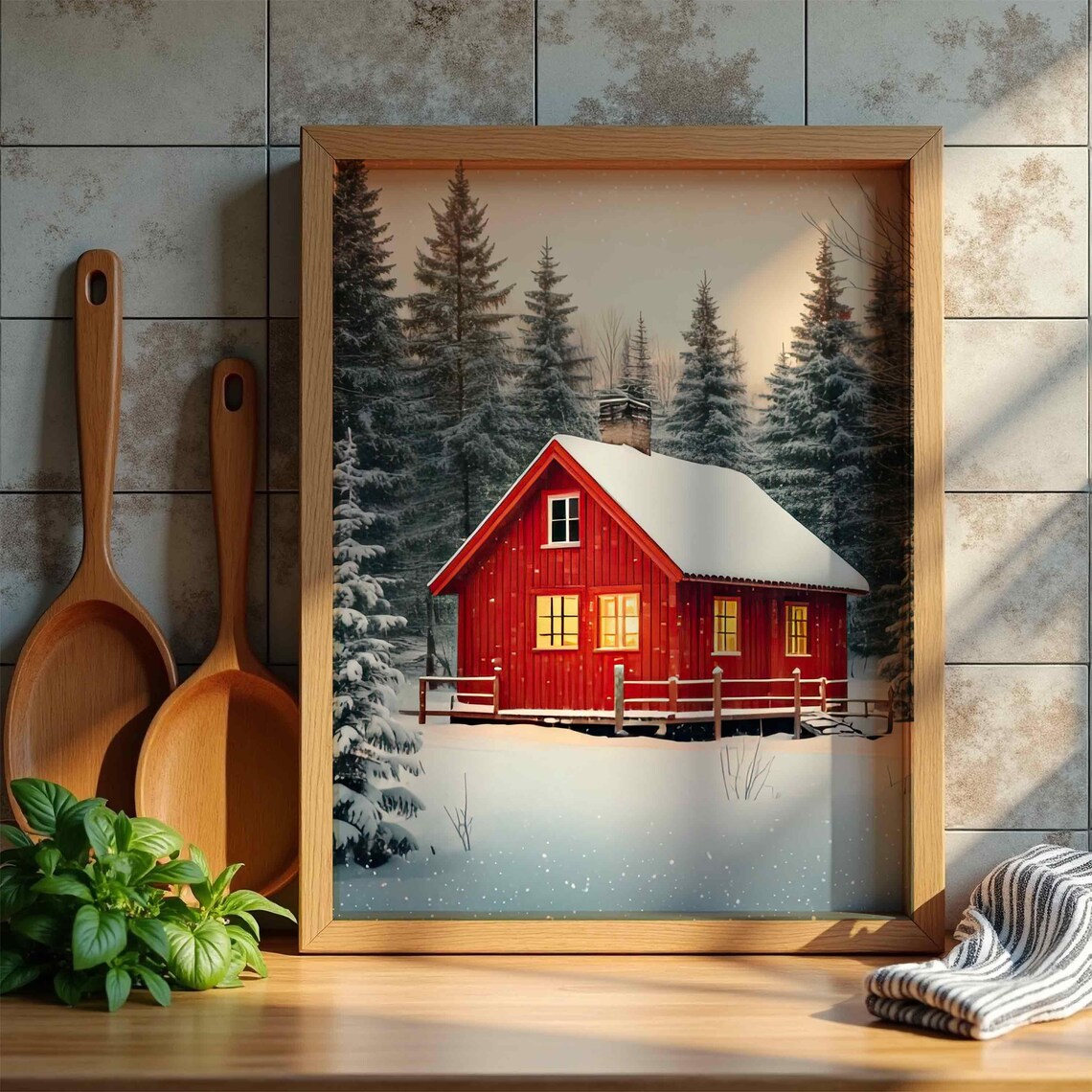 Cozy Red Cabin Winter Night Snowy Pines Vintage Christmas Poster
