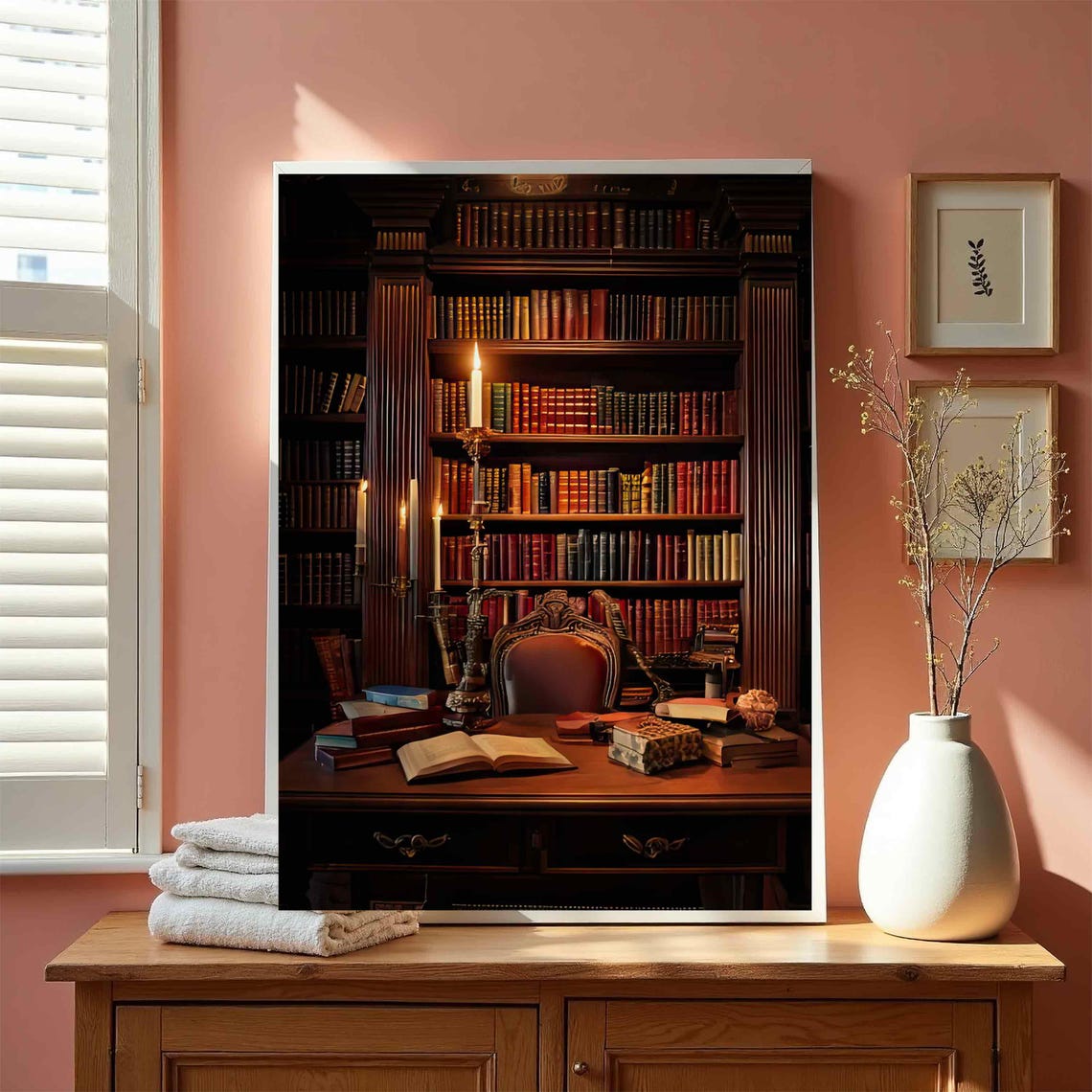Moody Vintage Library Study Desk Books Candles Dark Wall Poster