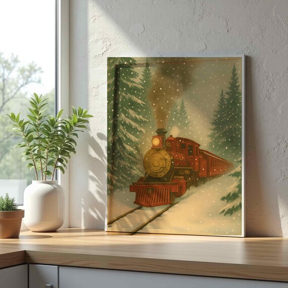 Vintage Christmas Train Snowy Pines Steam Locomotive Art Poster