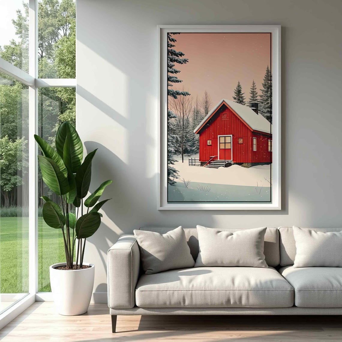 Snowy Red Cabin Winter Lodge Forest Retro Christmas Decor Poster