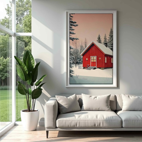 Snowy Red Cabin Winter Lodge Forest Retro Christmas Decor Poster