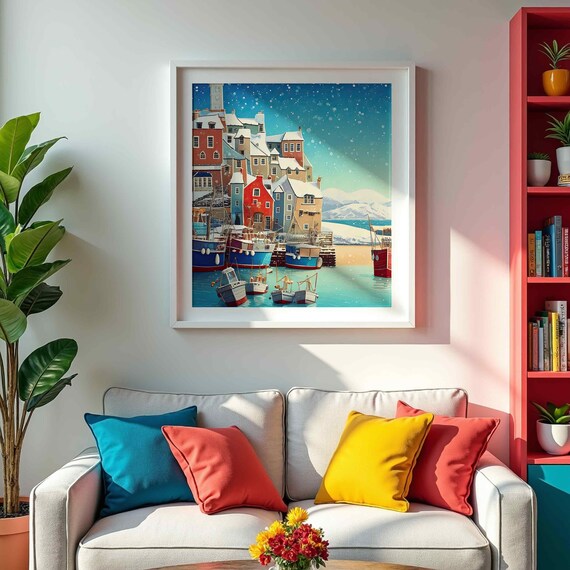 Snowy Coastal Town Harbor Boats Turquoise Water Christmas Poster