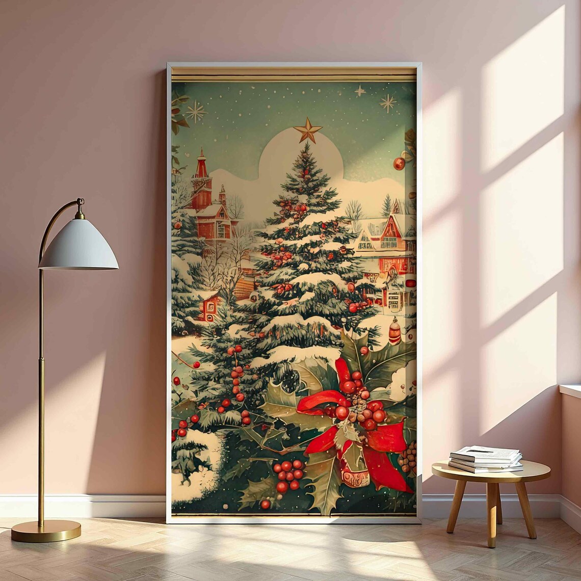 Vintage Christmas Tree Holly Berries Village Winter Holiday Poster