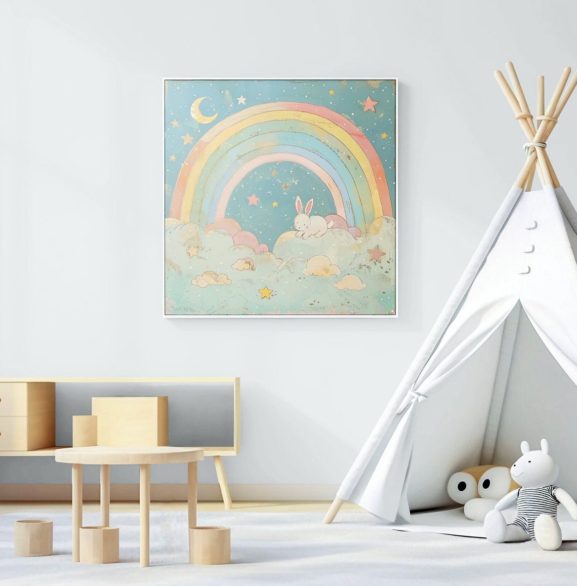 Dreamy Bunny Sleeping Under Pastel Rainbow Nursery Decor Poster - Image 2