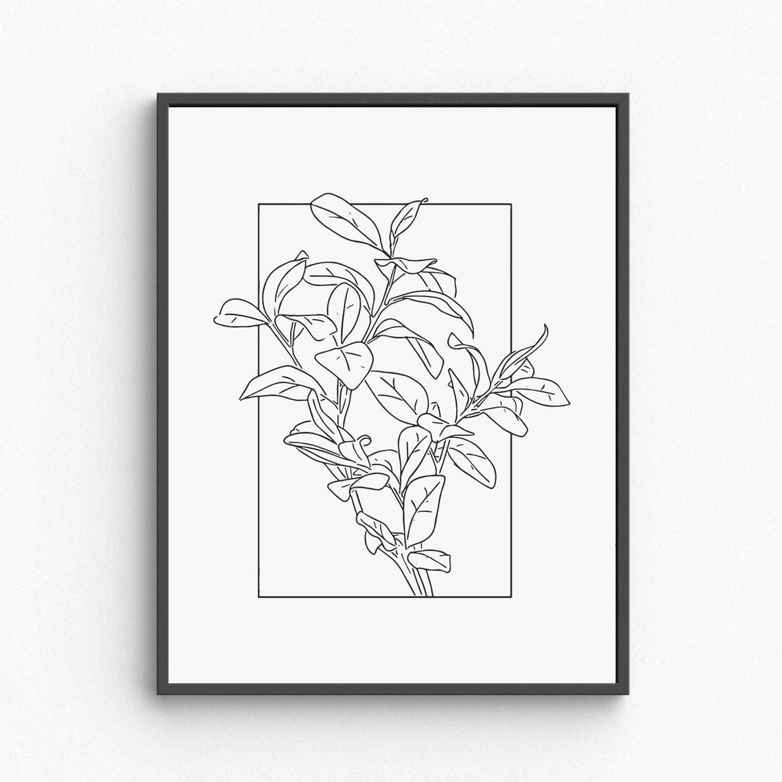 Botanical Leaves Line Art Framed Branch Drawing Modern Green Poster