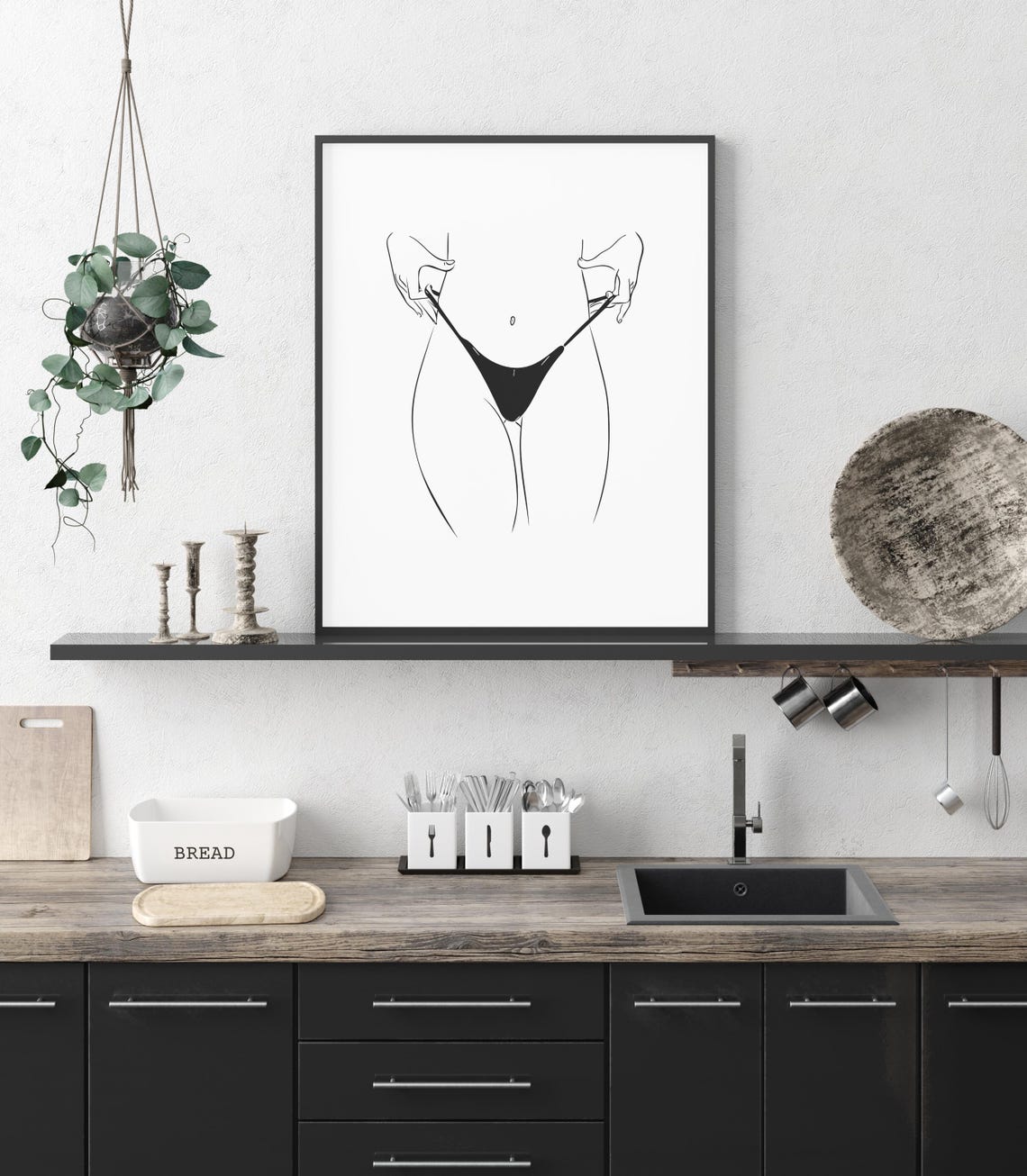 Minimalist Female Torso Black Bikini Fine Line Art Drawing Poster - Image 6