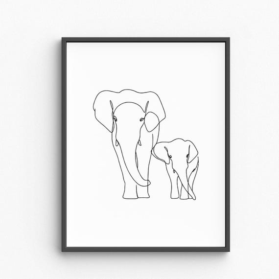 Elephant Line Art Animal Print Drawing Minimalist Wall Bedroom